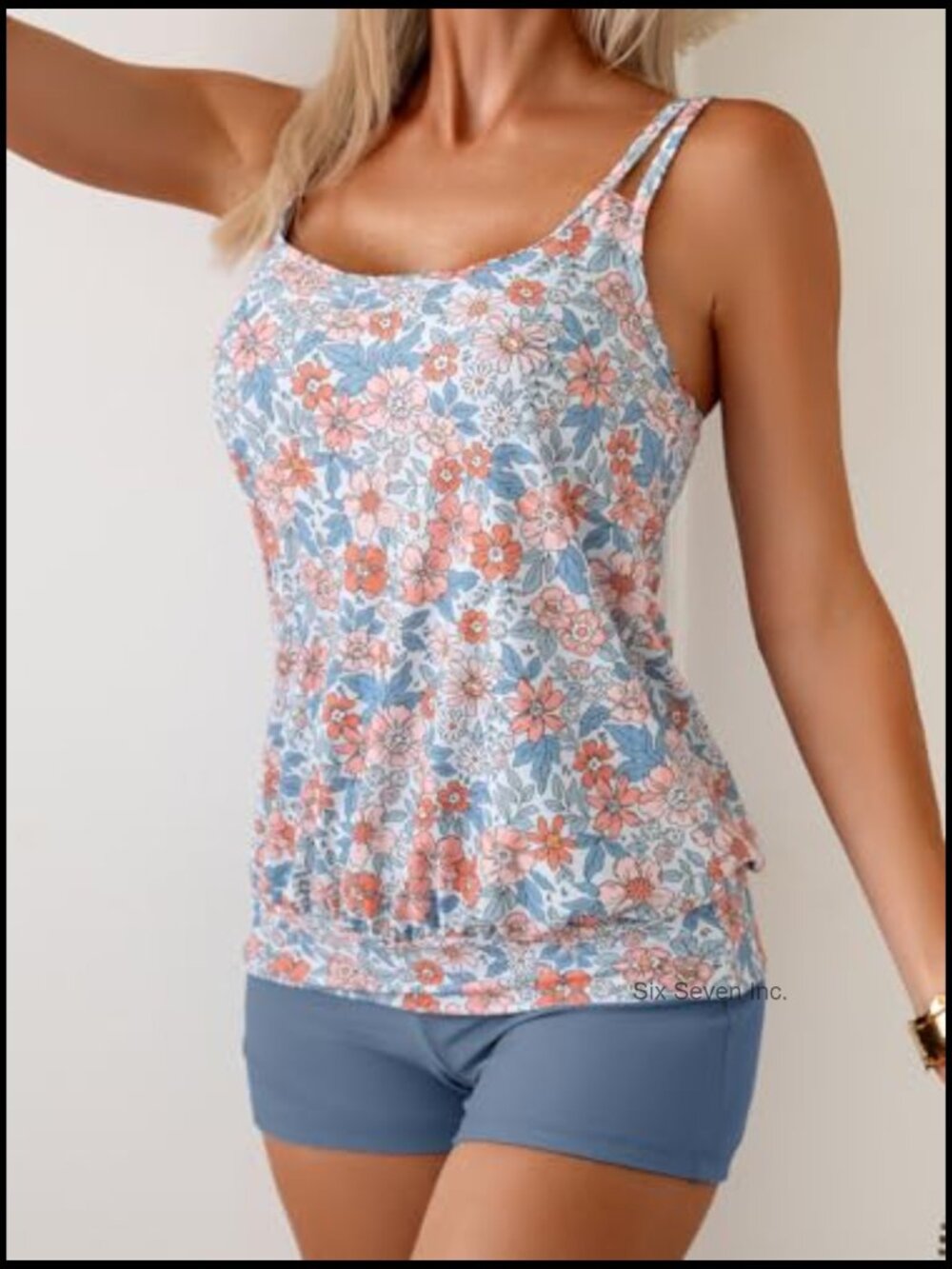 Tankini Swimsuit Tummy Control Blouson Two Piece with High Waist Boy Shorts - Picture 3 of 7